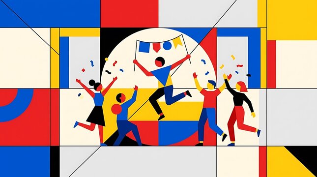 Diverse group celebrating with confetti in vibrant geometric style