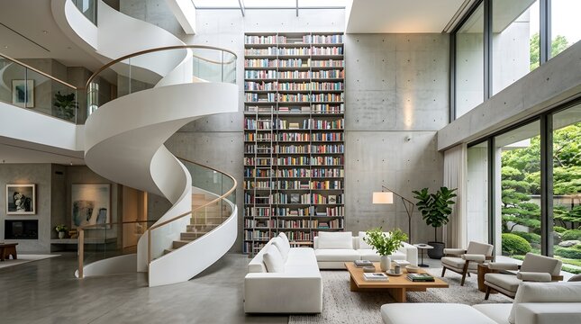 Elegant luxury modern villa interior with spiral staircase double height ceiling and massive bookshelf