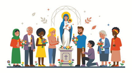Fototapeta premium Diverse Group of People Gathered in Prayer and Devotion Celebrating Faith Together with Candles and Flowers Before a Sacred Virgin Mary Statue