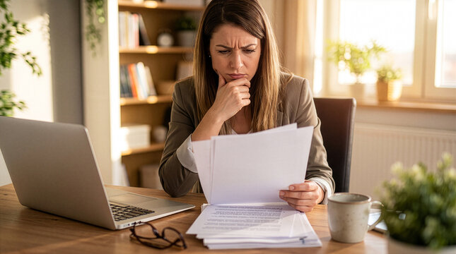 Thoughtful Businesswoman Reviewing Printed Documents at Office Desk