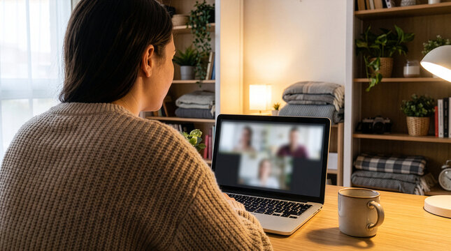Remote Employee on Video Conference in Cozy Home Office Setup
