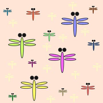 Cute Cartoon Dragonfly Seamless Pattern on Beige Background