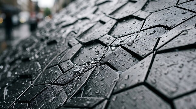 Raindrops on a black geometric rubber surface outdoors