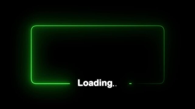 Abstract glowing neon line frame and loading text animation on black background.