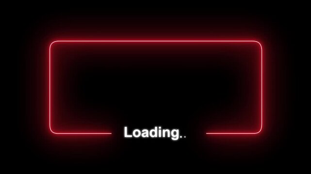 Abstract glowing neon line frame and loading text animation on black background.