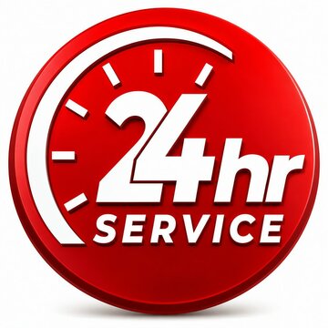 Red 24 hour service clock icon with white text