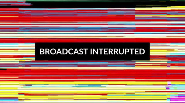 Broadcast interrupted digital glitch screen with colorful signal interference lines.