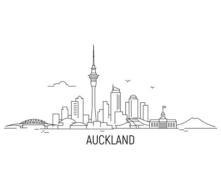 Simple line art shows Auckland's skyline