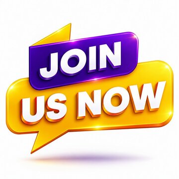 Join us now colorful speech bubble badge with yellow and purple colors