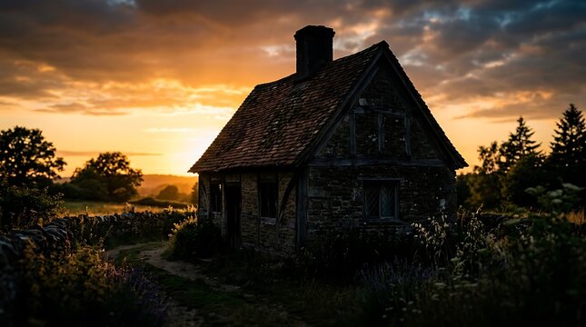 Old stone cottage silhouetted against a dramatic sunset sky