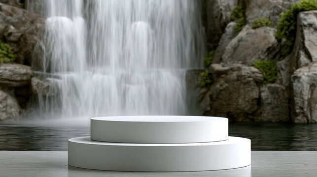 Minimalist white podium set in front of natural waterfall, serene outdoor scene with flowing water and lush greenery