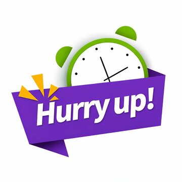 Cartoon alarm clock inside purple gift box with hurry up text