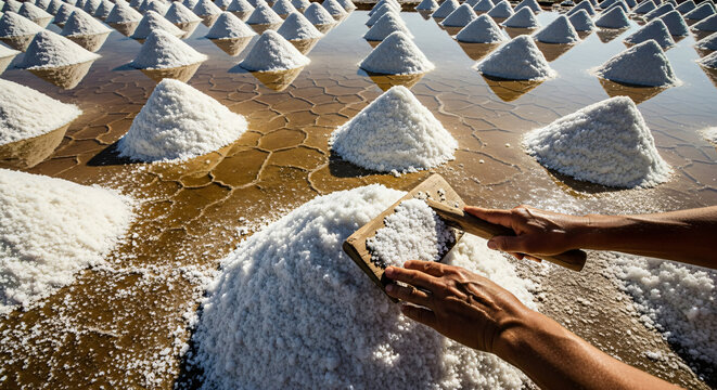 A worker harvesting white sea salt piles in a traditional salt field farm.