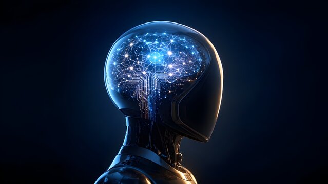 Artificial intelligence robot profile with glowing circuit board brain representing machine learning and futuristic technology concept