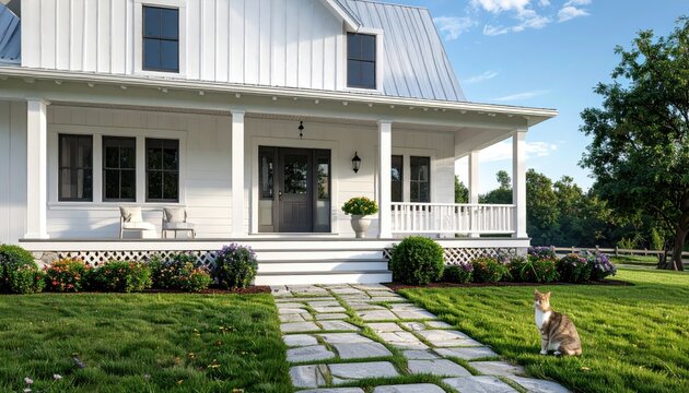 Modern House with Lush Garden and Green Lawn, Contemporary Residential Architecture with Elegant Facade, Porch, Large Windows, and Suburban Landscape