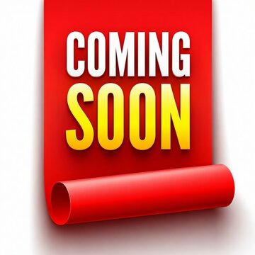 Red coming soon sign on a cylindrical stand