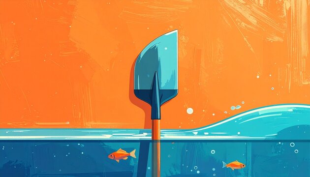 Colorful illustration of fish and shovel in water.