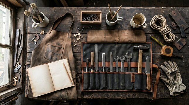 Craftsman tools and notebook on a dark wood workbench in workshop