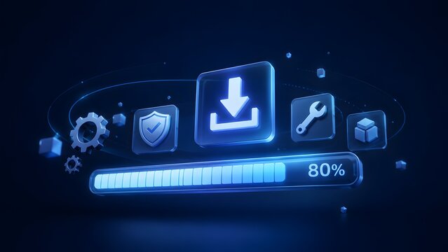Glowing blue download icon with updating progress bar and security shield symbolizing software installation and system maintenance process