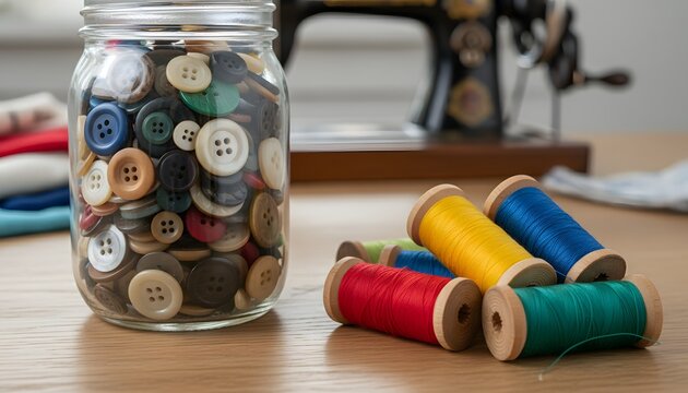A clear glass jar of buttons with colorful wooden spools of thread on a wooden workshop table for tailoring and creative handmade craft concept