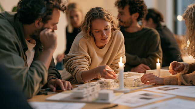 Urban planning professionals gathered by candlelight around architectural models of a four-day work week pilot district development, diverse international team debating pedestrian