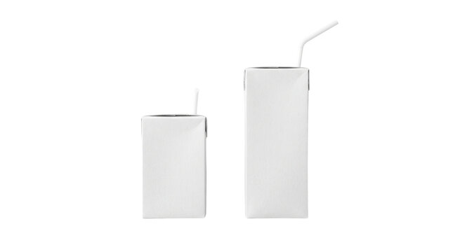 Minimalist white juice box mockup, blank beverage carton with straw, clean paper packaging for dairy or drink branding isolated PNG with Transparent Background