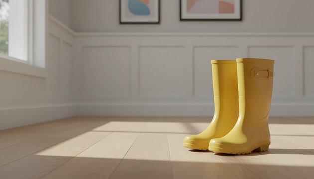 Pair of yellow rubber rain boots standing on a modern wooden floor in a bright hallway with soft sunlight for a rainy weather preparation concept