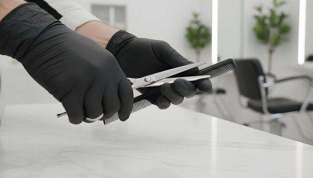 Professional hairdresser wearing black protective gloves holding sharp steel scissors and hair comb in salon for professional grooming and styling service concept