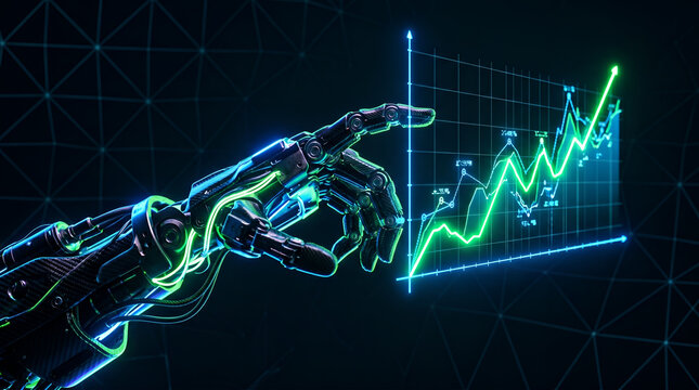 Robot Hand Pointing at Glowing Financial Growth Graph on Holographic Screen, AI Trading Concept bakground