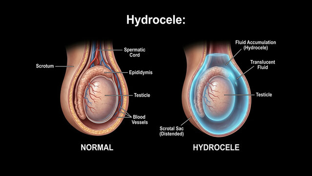 Hydrocele medical illustration showing a comparison between a normal testicle and a hydrocele with fluid accumulation around the testis.

