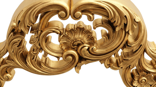 Baroque gold wood carving detail, ornate rococo floral architectural ornament, vintage gilded decorative scrollwork for luxury interior design isolated PNG with Transparent Background