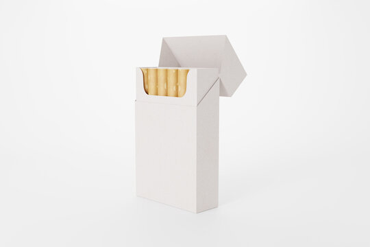 Blank open white cigarette pack mockup with yellow filter cigarettes isolated on white background