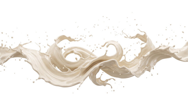 Dynamic milk splash with flowing liquid waves, creamy white yogurt swirl with droplets, fresh dairy pour for food packaging design isolated PNG with Transparent Background