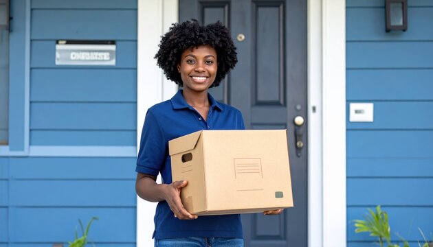 Smiling Delivery Worker Carrying Cardboard Boxes in Warehouse for Home or Office Moving and Package Delivery Service