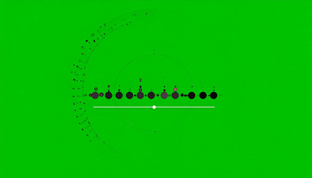 Abstract digital visualization of data points and circles on a vibrant green background with a white line and central dot representing a timeline or progress bar