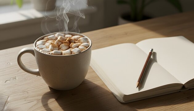 Steaming hot cocoa with marshmallows beside an open sketchbook on a wooden table, creating a cozy morning routine for relaxation and creative planning concept