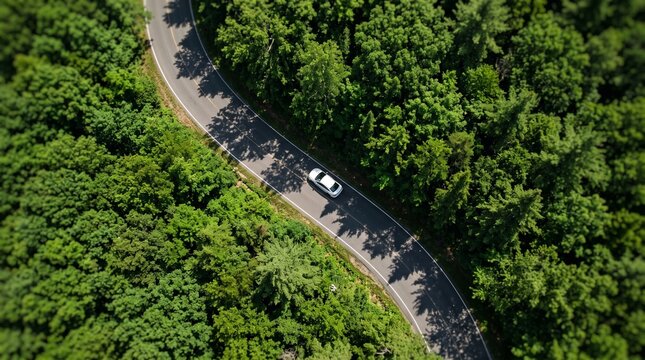 Aerial drone view of a lone silver car driving on a winding paved road surrounded by a dense, vibrant green forest canopy during a sunny summer day, showcasing a scenic rural driving experience