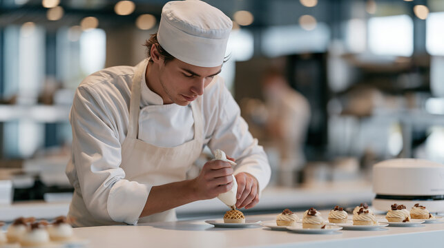Pastry chef working under rain-blurred kitchen skylights piping fine lattice patterns onto a tart, autonomous delivery drone pickup container ready on the counter beside the
