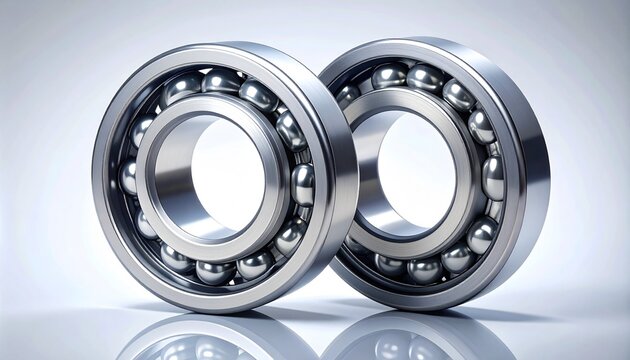 Close up of two industrial ball bearings on white background.