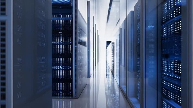 Cinematic view of a modern server room data center with rows of computer racks and blue LED lights representing big data and cloud computing technology