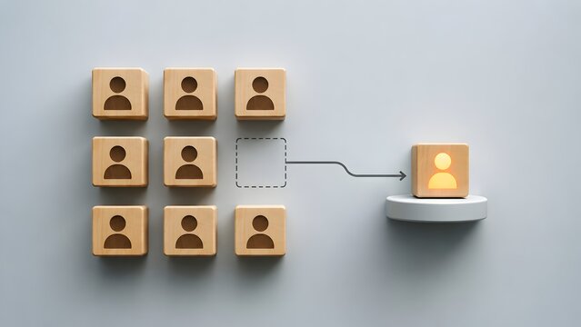 Leadership and unique talent concept with glowing wooden block moving out from group representing career promotion and standing out