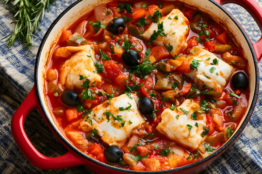 A slow-cooked fish stew, featuring tomatoes, vegetables, and olives, simmered in a cast iron casserole
