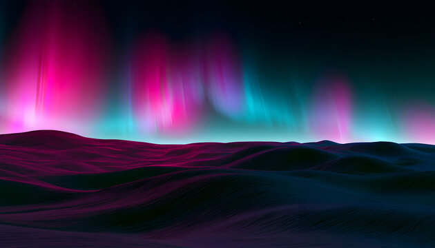 A surreal scene featuring the aurora borealis above rolling sand dunes. The sky, a blend of pink, purple, and teal, resembles a desert-like horizon. This abstract backdrop would be perfect for sci-fi 