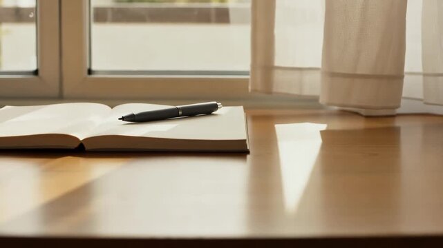 Open journal with a pen on a sunny wooden desk