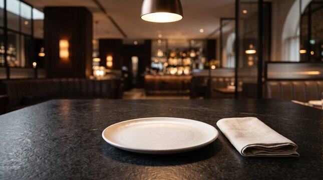 Empty white plate and folded napkin on a dark granite surface. Blurred warm lights in a luxury dining room background. Ideal for food menu mockups or restaurant marketing materials.