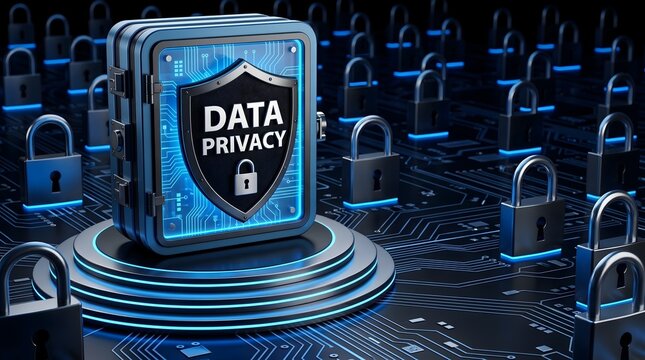 Corporate data privacy vault showing secure digital padlock shield on glowing blue network circuit motherboard