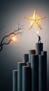 A small silhouette stands atop stacked gray cylinders, stretching toward a glowing gold star near a bare tree against a soft gray backdrop, clean, future, height