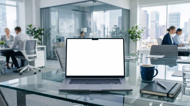 A view from a modern office desk with a laptop displaying a blank white screen, surrounded by a professional workspace with blurred colleagues in the background and a view of city skyscrapers.
