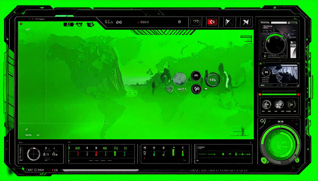 Futuristic Green Digital Interface Displaying World Map with Data Overlays and Global Tracking System