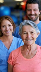 Fototapeta premium Elderly woman smiling with nurse and physical therapist after successful rehabilitation session
